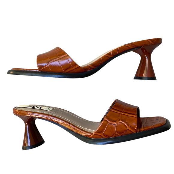 Zara Faux Croc Embossed Mule Sandals EU 37 US 7 Brown Kitten Heel Trendy Y2K - Picture 8 of 13